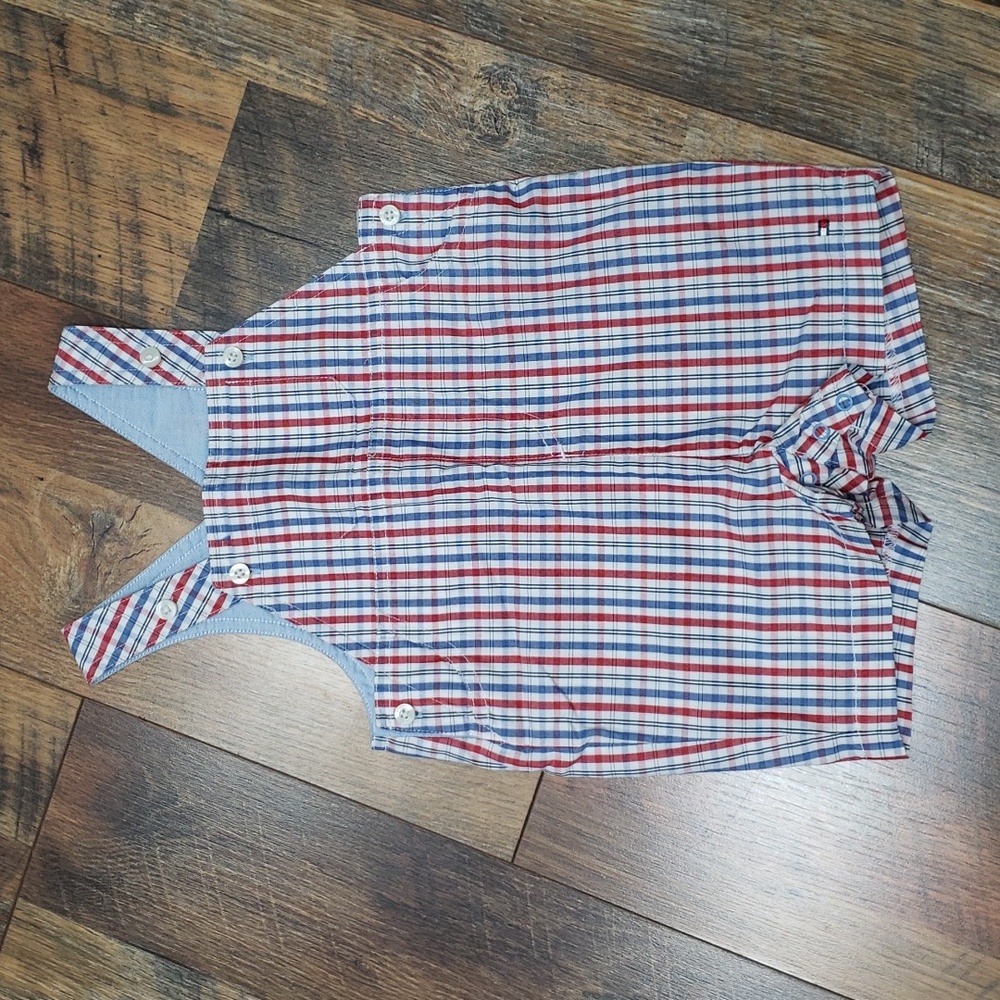Tommy Hilfiger Red, Blue, and White Plaid Short Overalls, Size 3-6 Months